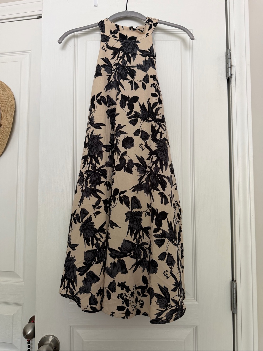 Anna Grace black floral print dress open shoulder and ruffle sleeve, size M